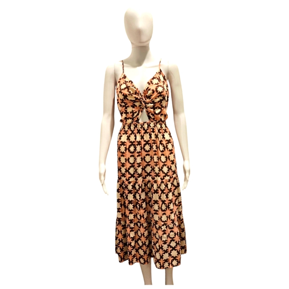 LOFT Petite 12P Geometric Print Twist Cutout Midi Dress Boho Smocked